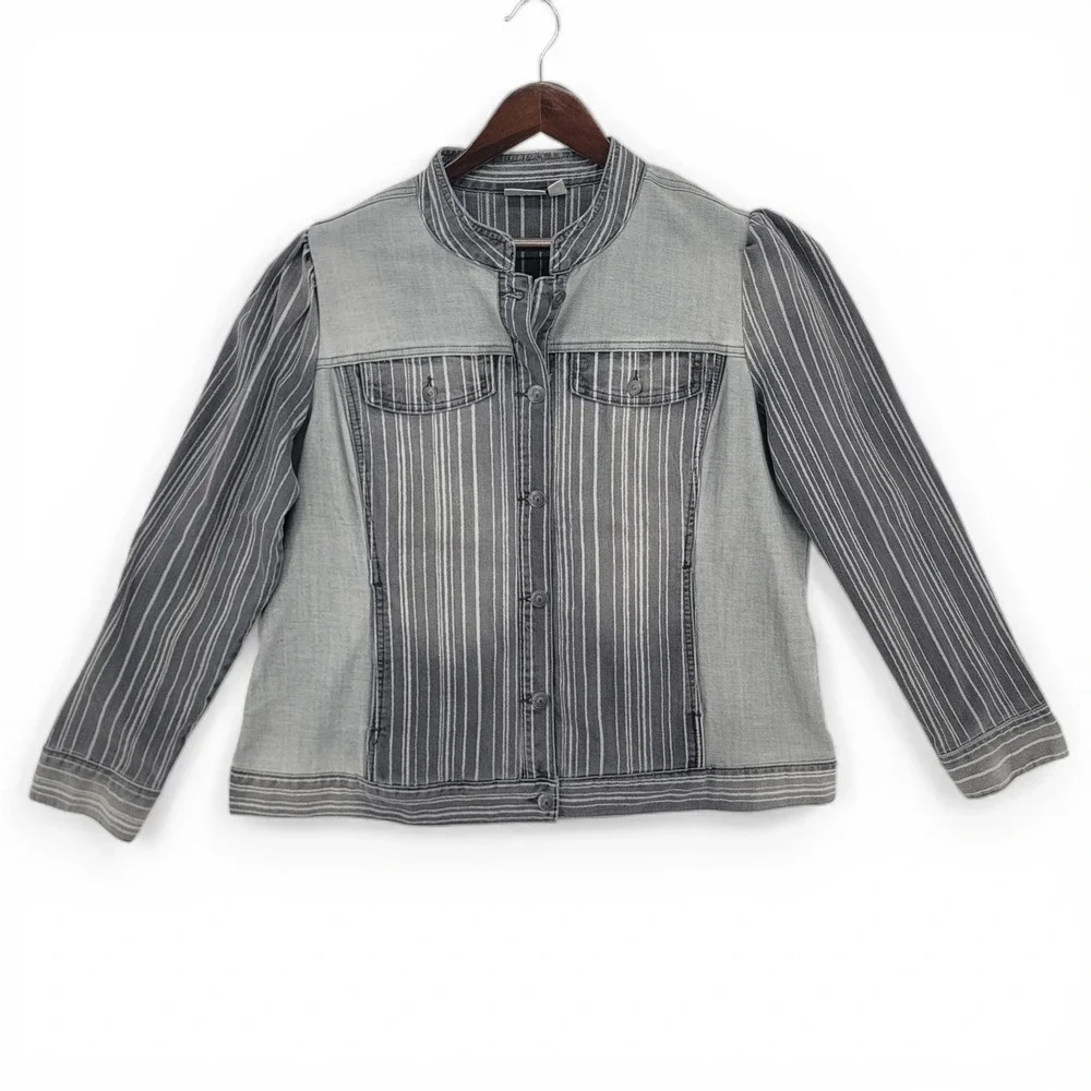 LOGO Lori Goldstein‎ Womens 18W Jacket Denim Gray Stripe Lagenlook Layering Plus